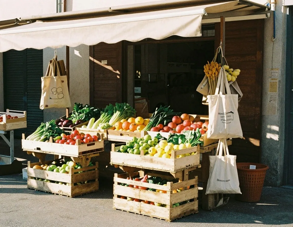 Banco del mercato rionale con frutta e verdura fresca