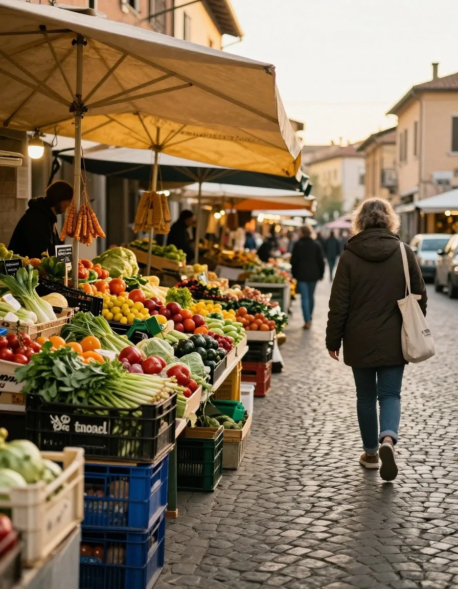 Mani che confrontano i prezzi al mercato tra verdure di stagione